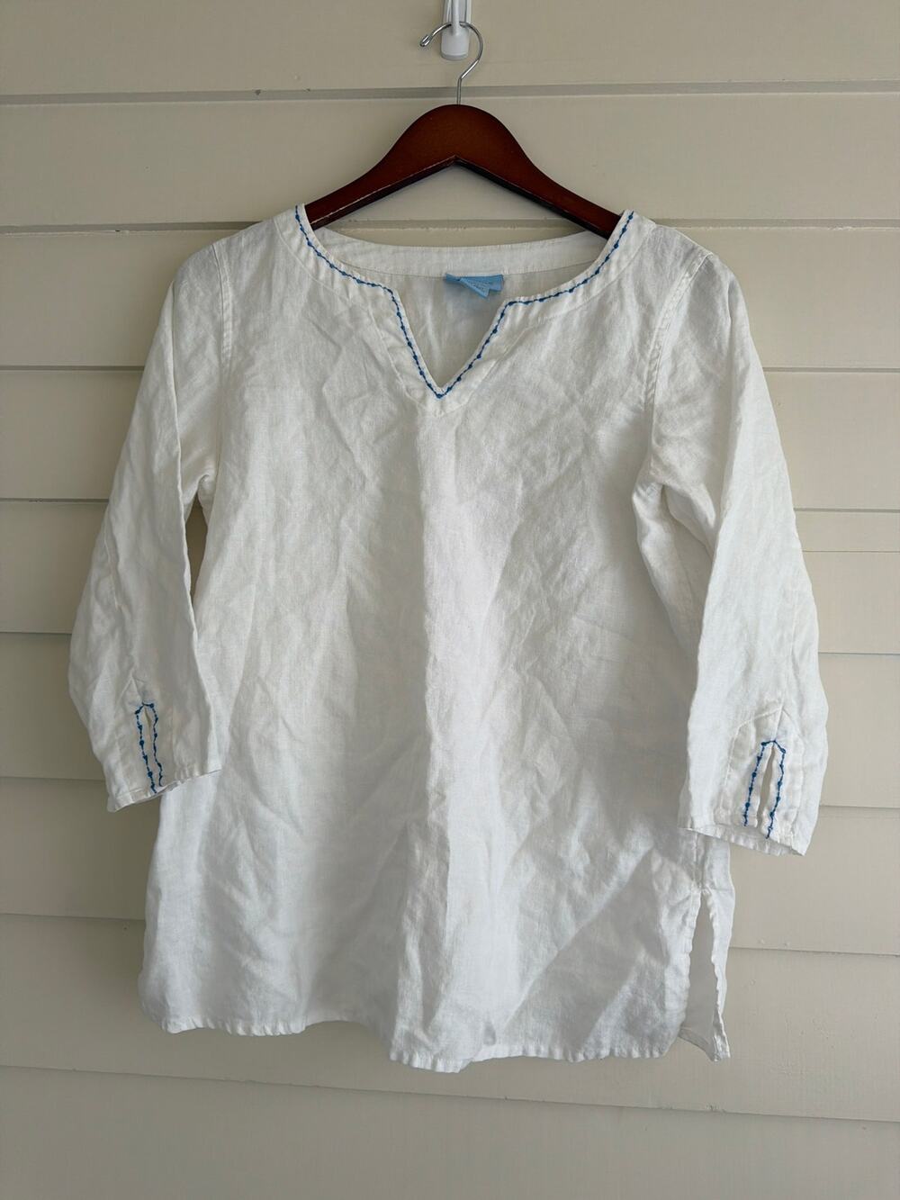Sigrid Olsen White Linen Tunic Blouse Blue Embroidery Coastal Grandmother S Boho